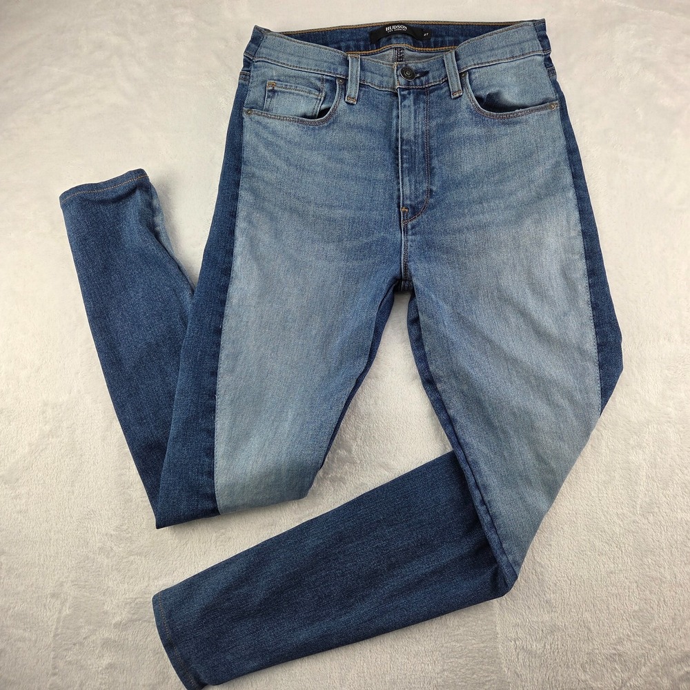 Hudson Jeans Women's‎ 27 Barbara Super Skinny Color Block 2-Toned Blue Mid Rise